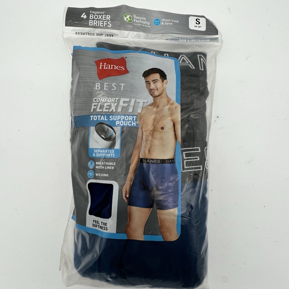 Hanes Men 4 Pack Total Support Pouch Boxer Brief Underwear Small Black Grey Blue
